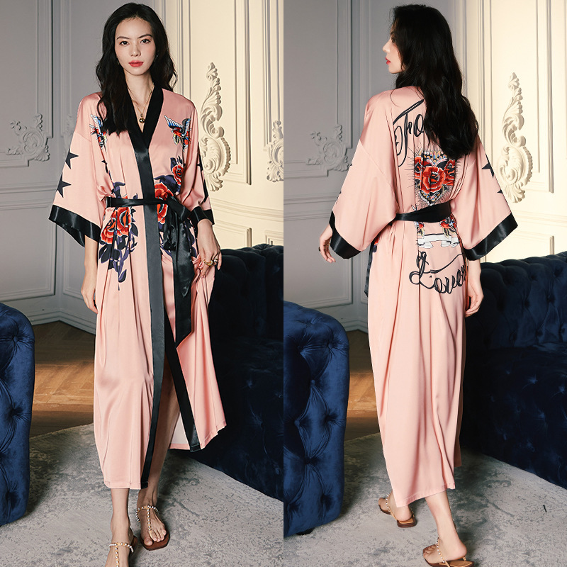Picture of Yaoting Satin Printed Pajamas for Women Summer Large Size Accessible Luxury Three-Quarter Sleeves Cool Long Nightgown Home Wear Women Wp2669