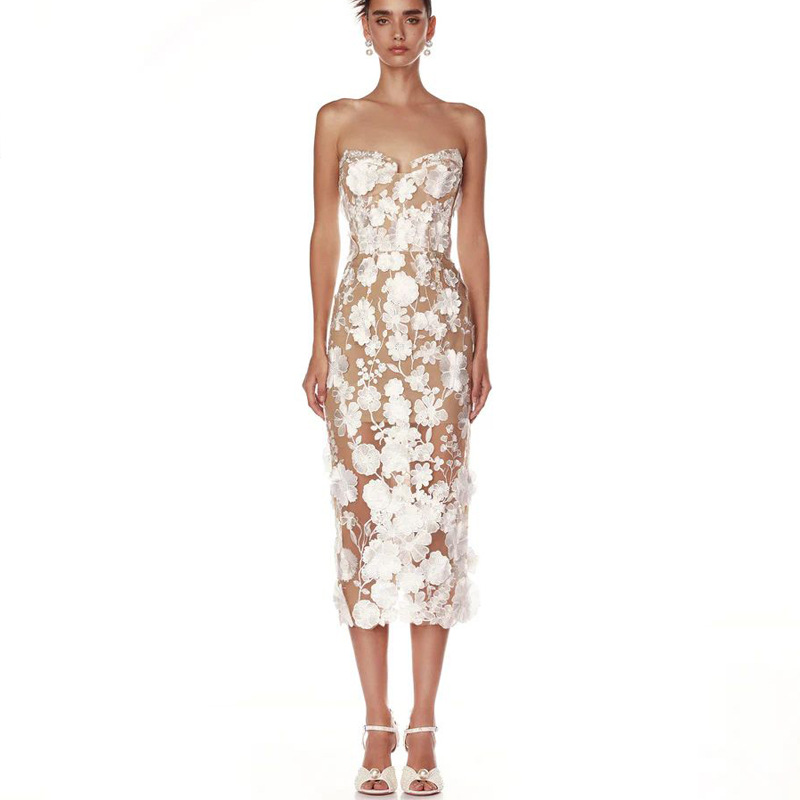 New Cross-border Lace Three-dimensional Flower Decoration European and American Women's Sexy Strapless dress Light Luxury Ladies Dinner Dress