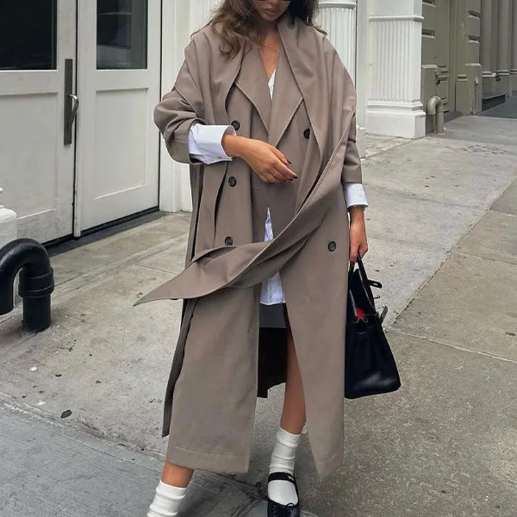 Picture of Long-sleeved European and American Cross-border New Women's Trenchcoat Long Loose Coat Women's Mid-length High-end Pocket for Autumn and Winter