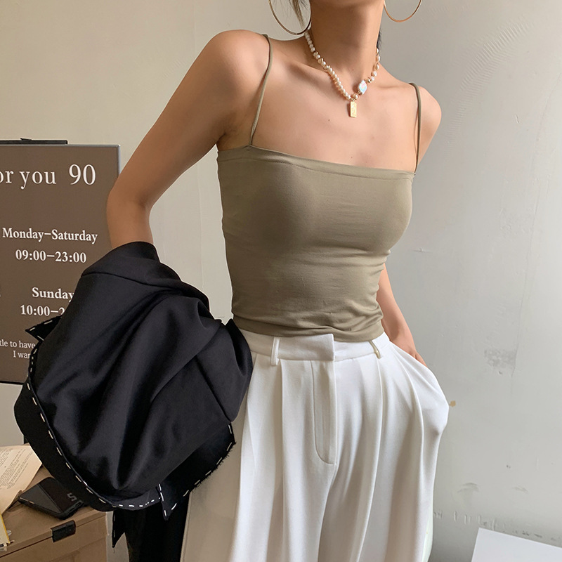 [No Breast Pad] Solid Color Camisole Women's Summer Outerwear Top No Wires Thin Strap Bottoming Shirt Tube Top Short Style
