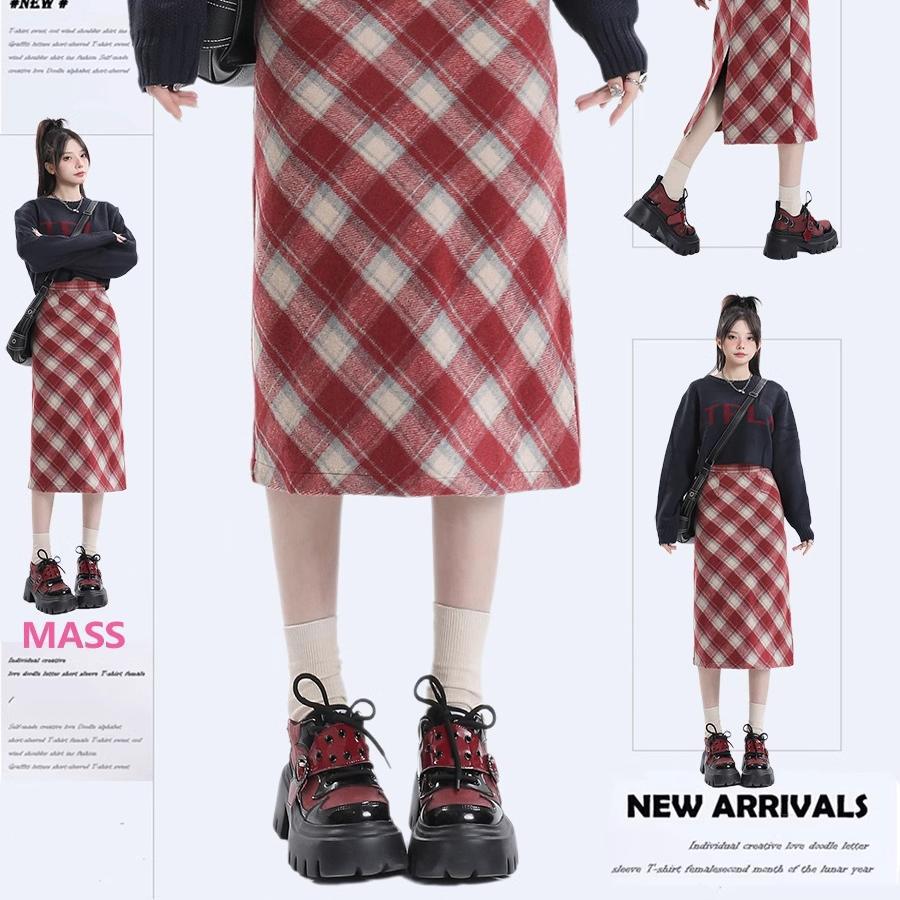 Red Plaid Skirt Women's Spring and Autumn plus size chubby girl High Waist Slimming Pear-Shaped Mid-Length Woolen A- Line Skirt