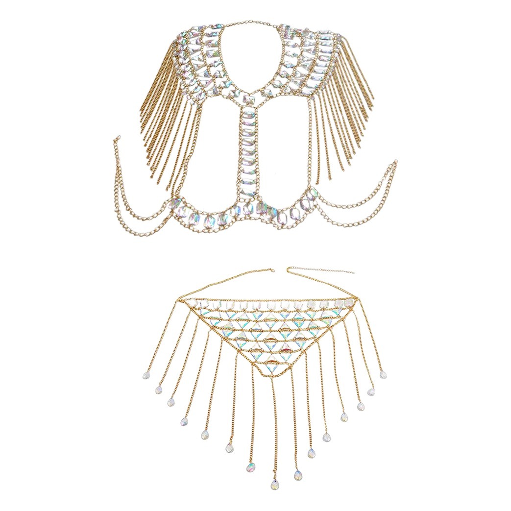 New European and American Sexy Chest Chain Acrylic Gemstone Tassel Vest Waist Chain Body Chain Women's Cross-Border Jewelry Set