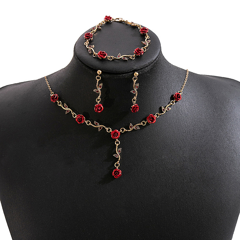 Picture of French Girl Mori Rose Earrings Vintage Romantic Red Flower Bracelet Niche Design Sense Necklace suit