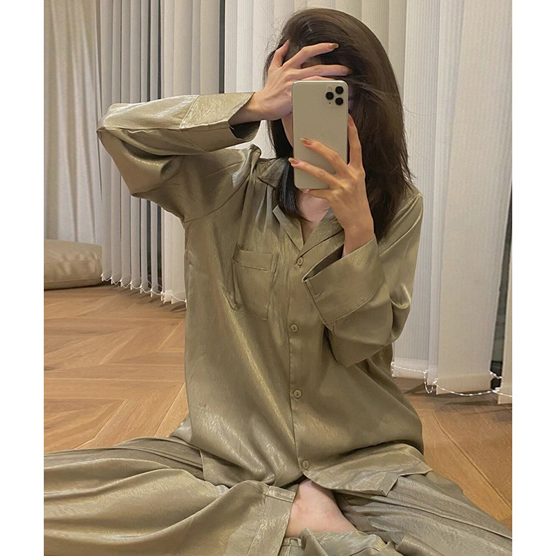 Pure color silk-like live new pajamas women's long-sleeved jacquard pajamas suit home wear women's