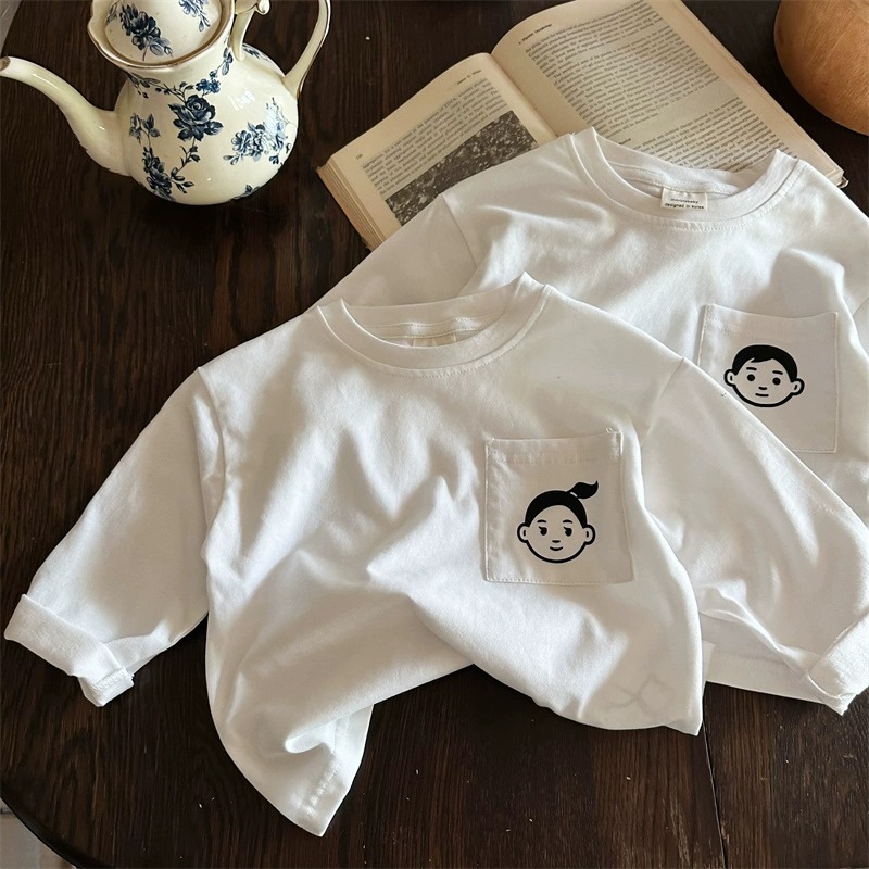 Back Bag Collar/Pure Cotton Kidsren's T-Shirt Long-Sleeved Boys and Girls Clothing 2025 Flap Pocket Pants Cartoon Kidsren's Bottoming Top Spring & Fall