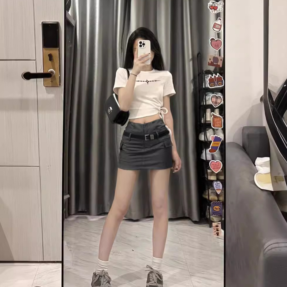 Grey Elegant High-end A- line Suit Skirt Women's Summer Sweet Cool College Style High Waist Slimming Sheath Skirt
