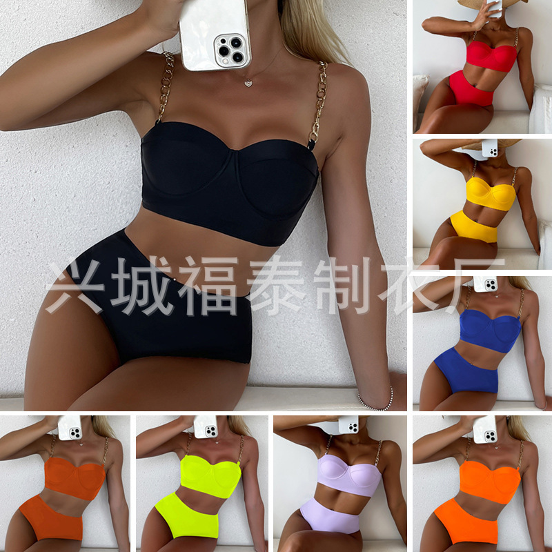 Metal chain strap sexy steel bracket push up split swimsuit women's bikini cross-border European and American export wholesale Amazon