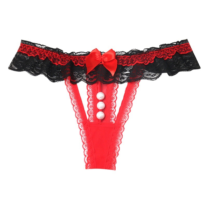 Sexy hollow transparent women's underwear low waist lace Japanese thong big pearl massage Sexy Hot T pants