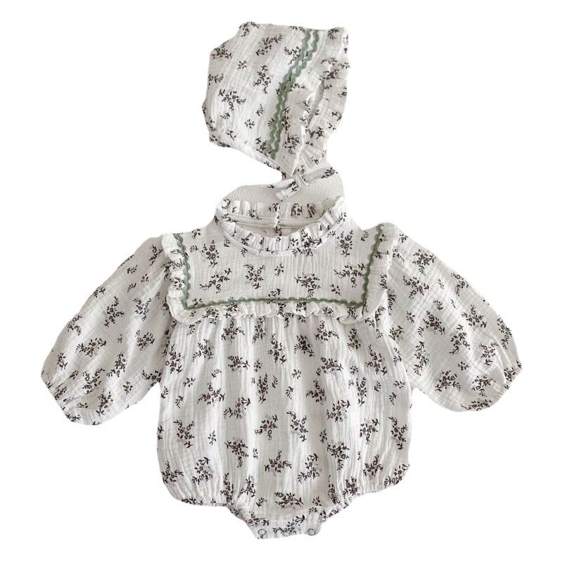 2023 Spring and Autumn Pure Cotton Baby Female Double-sided Cotton Printed Long-sleeved Hatshirt Female Baby's Triangle Climbing Suit