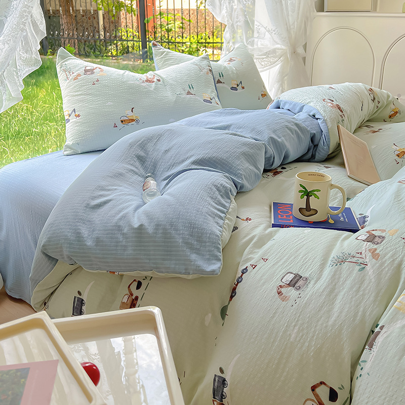 Picture of Class A Maternal and Infant Grade Fresh Small Zhu Cotton Four-piece Set Washed Cotton Bed Sheet Quilt Cover Three-piece Set for Student Dormitory