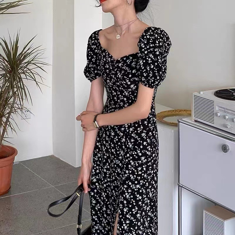 2025 Summer French Square Neck Black Floral Dress Slit Waist Sexy Tea Break Long Skirt for Women