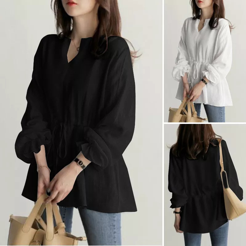 Amazon Independent Station European and American Cross-border 2024 Women's Long-sleeved V-neck Shirt Drawstring Belted Top Solid Color Top