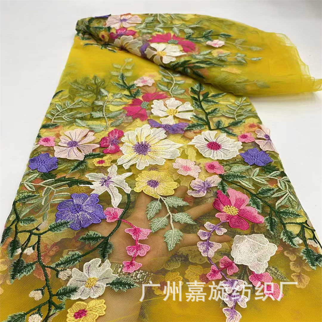 New mesh embroidered fabric 3D three-dimensional flower embroidered lace fabric European and American wedding dress lace JX3018