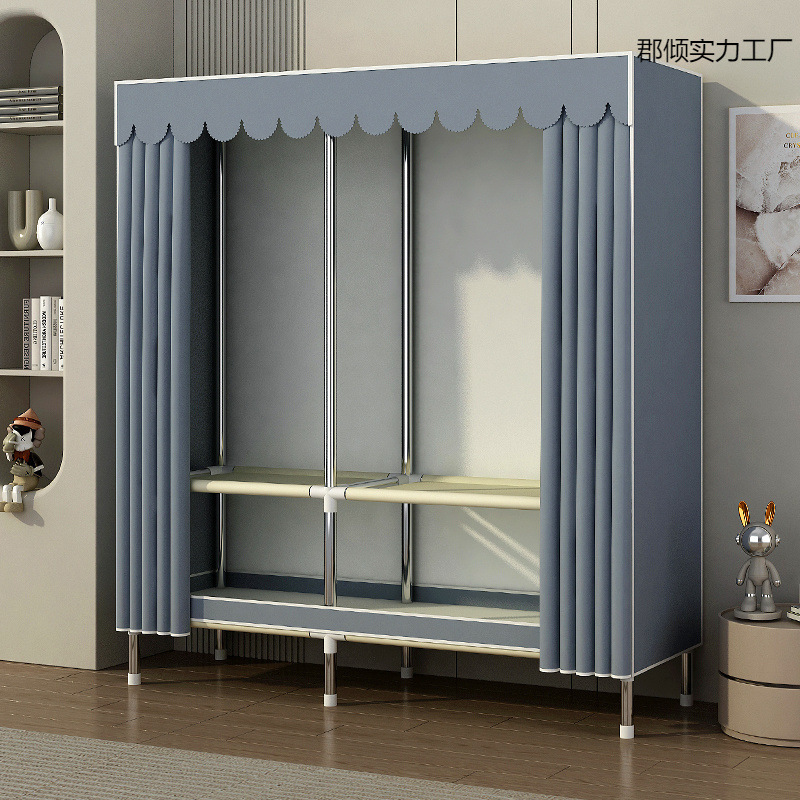 Simple wardrobe for rent bedroom assembly steel pipe steel frame reinforcement thickened and thickened home solid color fabric wardrobe