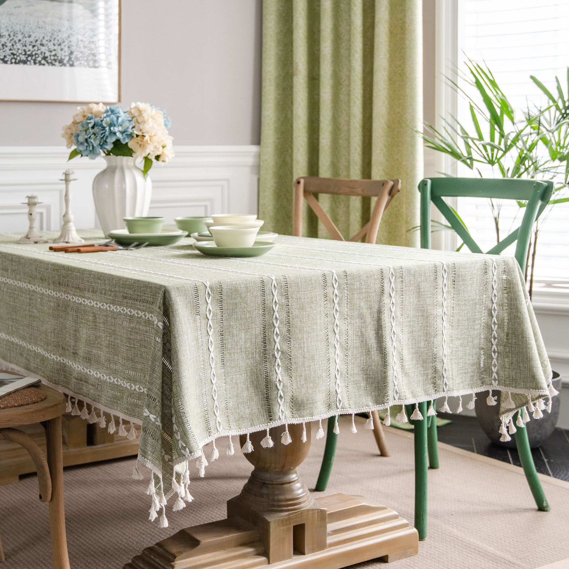 Picture of Yuman Qiyun Tablecloth Green Hollow American Country Fabric Cotton Linen Clear Cyber Celebrity Ins Rectangular Tablecloth