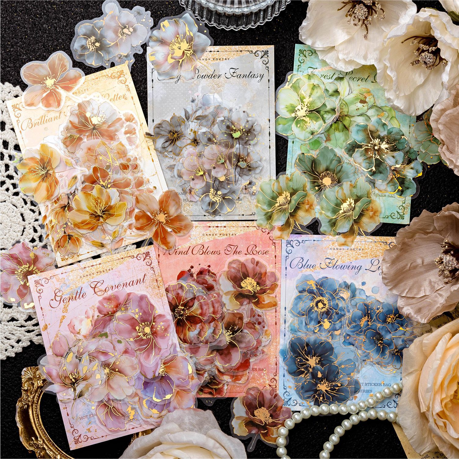 Picture of Sugar Poetry Bronzing Flower Fog PET Sticker Bag Flower Poetry Series Hand Account Decoration Collage Base Sticker 6