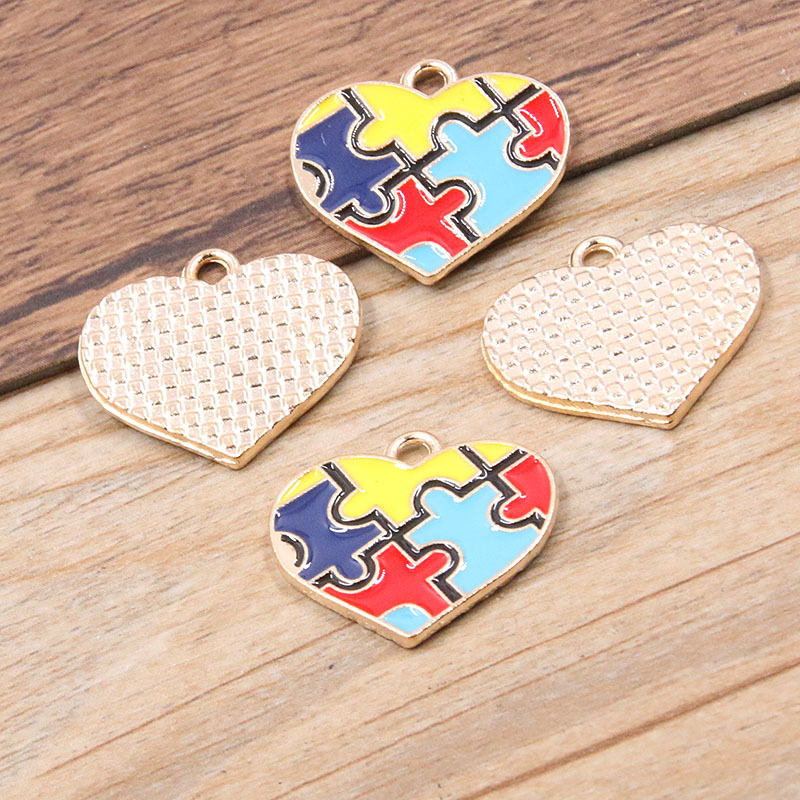 Picture of 8 Styles, 2 Colors DIY Alloy Jewelry Contrasting Color Puzzle Autism Pendant Round Heart Puzzle Asymmetrical Pendant