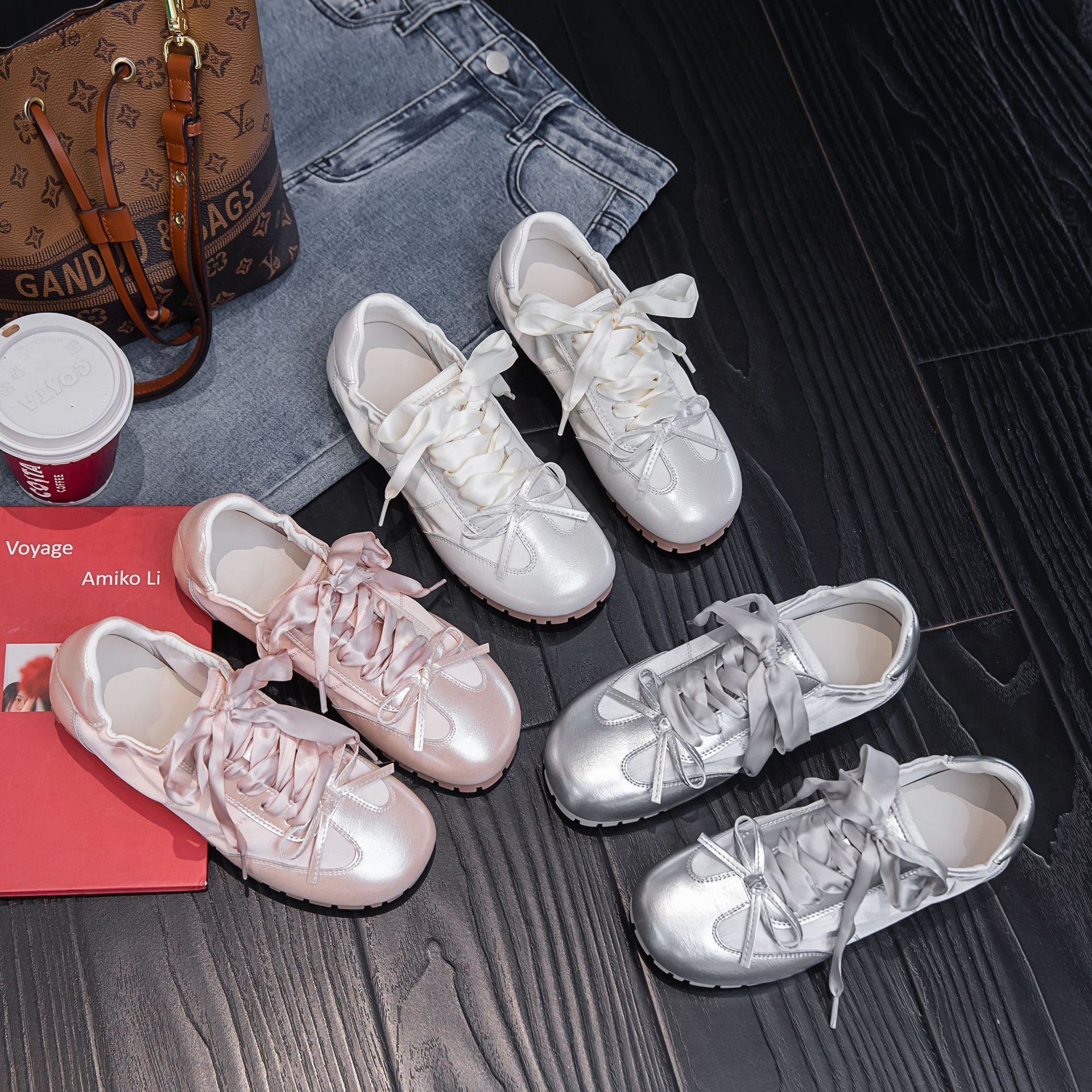 Dexun Shoes Women's 2025 Summer New Soft-Soled Satin Flats-Soled Sports and Leisure Ballet Shoes Breathable Forrest Gump Shoes