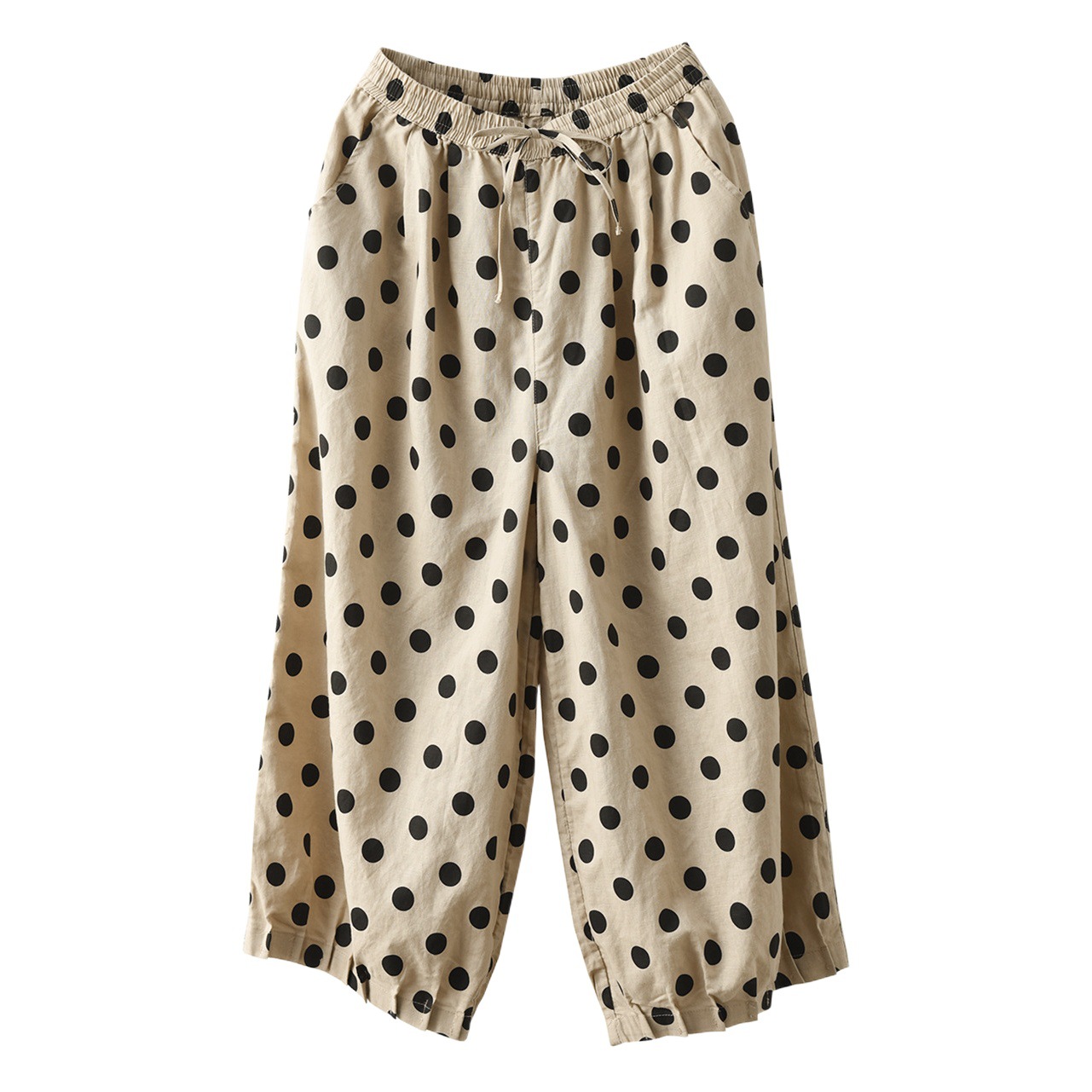 2024 Summer New Cotton and Linen Style Wave Point Nine-point Casual Pants Women's Artistic Loose Drawstring Loose Loose Waist Wide-leg Pants