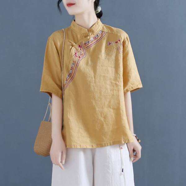 Picture of Cotton Linen Short-sleeved Shirt Women's 2024 Summer New Loose Design Sense Chinese Style Retro Buckle Embroidered Top Trendy