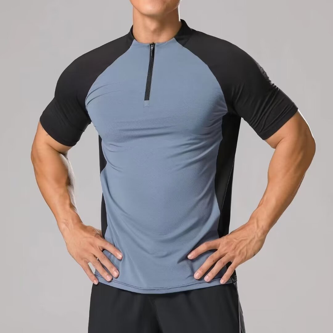 Running Sports Short-Sleeved T-Shirt Men's Vertical Collar Half-Zipper Amazon Solid Color Fitness Clothes Training Stretch Quick-Dry Clothes