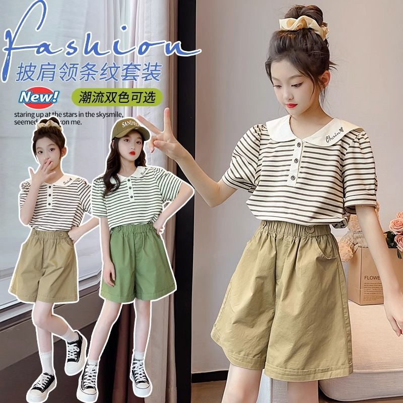 Girls' suit Summer Big Girls' Short-sleeved Striped Doll Collar Top Casual Shorts Children's Summer Sports Summer Wear