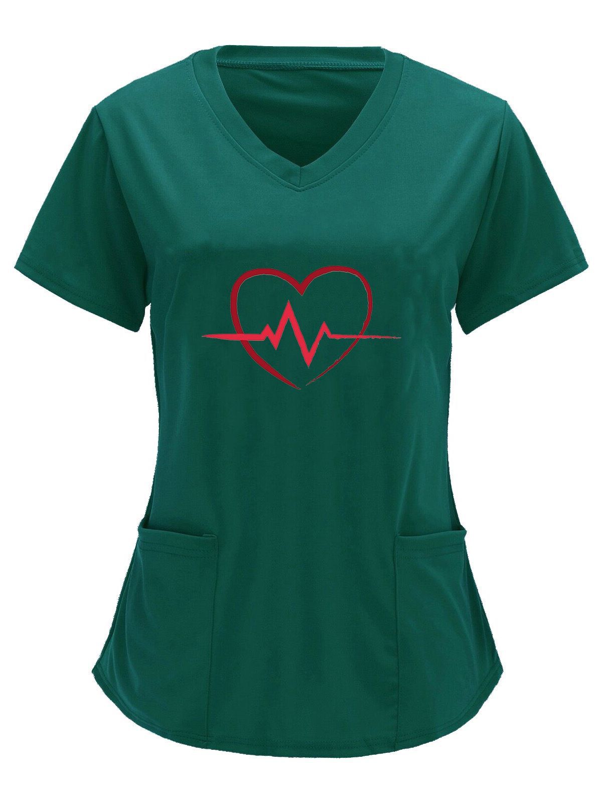 Amazon Cross-border 2023 European and American Nurse Style Love Heartbeat Printed Shirt V-Neck Large Pocket Short-sleeved T-shirt Women's Wear