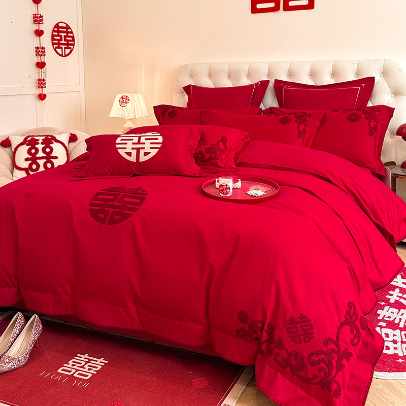 Picture of High-end European-style Wedding Four-piece Cotton Big Red Embroidered Sanding Quilt Cover Wedding Bedding Accompanying Wedding Room