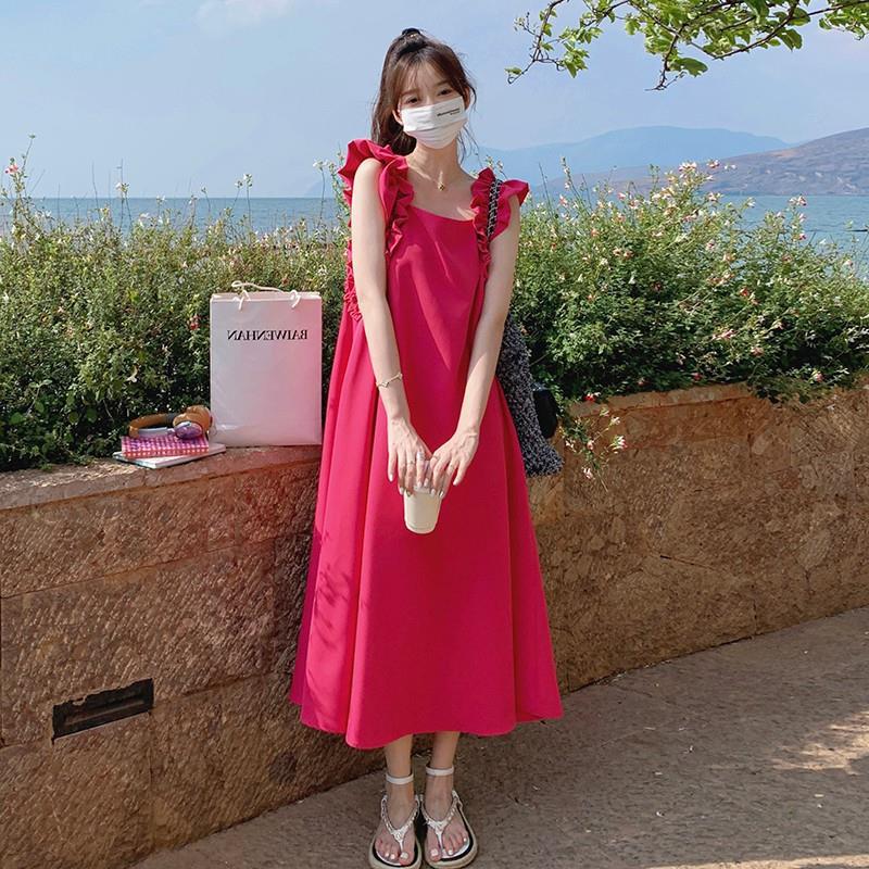 Pitaya Color Strap Long Skirt Women's Summer 2024 New French Style Square Collar Slimming dress