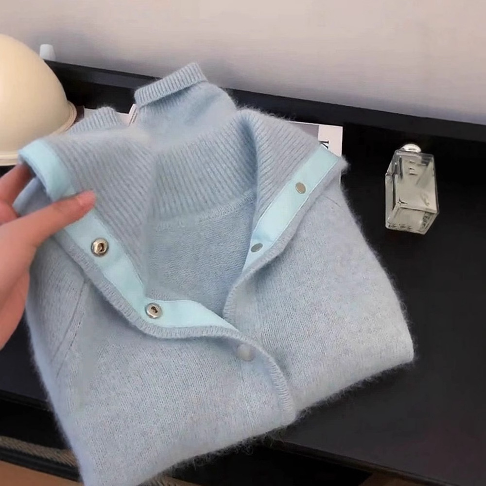 2024 autumn and winter new milk whirring gentle soft waxy blue mahair sweater knitted cardigan coat needle versatile wide
