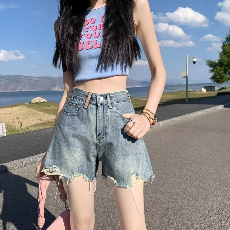 High Waist Denim Shorts Women's Summer Thin 2023 New Loose Wide Leg Slimming a-Shaped Spice Girls Super Short Hot Pants