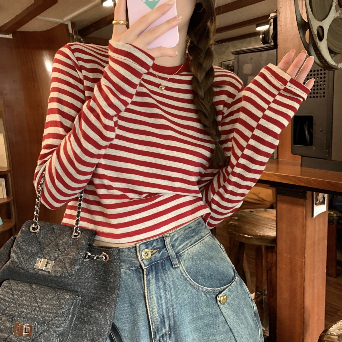 Contrast Striped Long-sleeved T-shirt Women's 2024 Autumn New Casual Slimming Inner Base Shirt Short Student Top