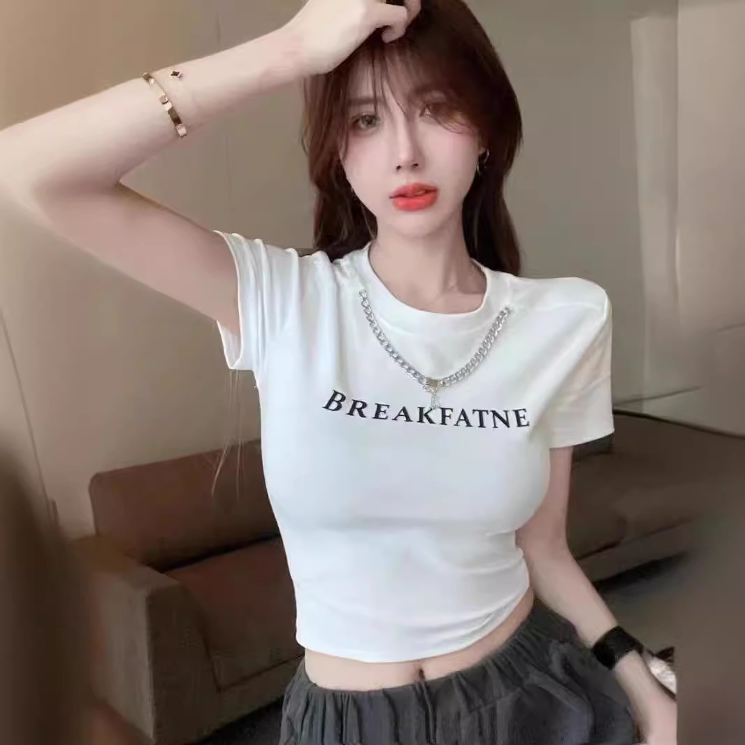 Light Luxury High-end Sense Short-sleeved T-shirt Summer Short Printed Strap Necklace Slim-fit Top Women's Clothing Instagram Style