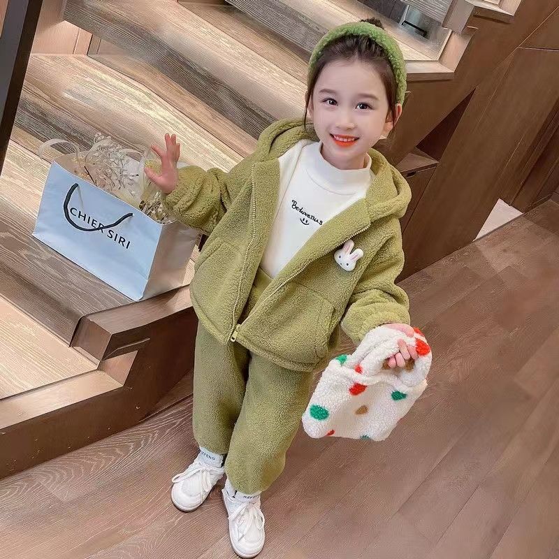 Girls' Fashion Warm fleece-lined Two-Piece Set 2024 Fall/Winter New Hooded Sweatshirt Jacket Casual Trousers Girls' Trendy