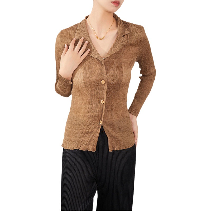 Black Long-Sleeved Chiffon Shirt for Women Spring & Fall 2024 New Miyake Shirt Loose Large Size Slim V Neck Top