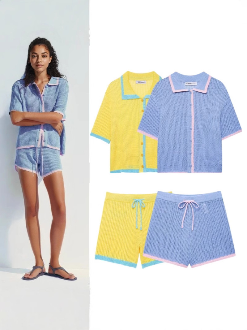ZA cross-border women's clothing wholesale 2025 new fashion color contrast loose casual short sleeve sweater shorts suit