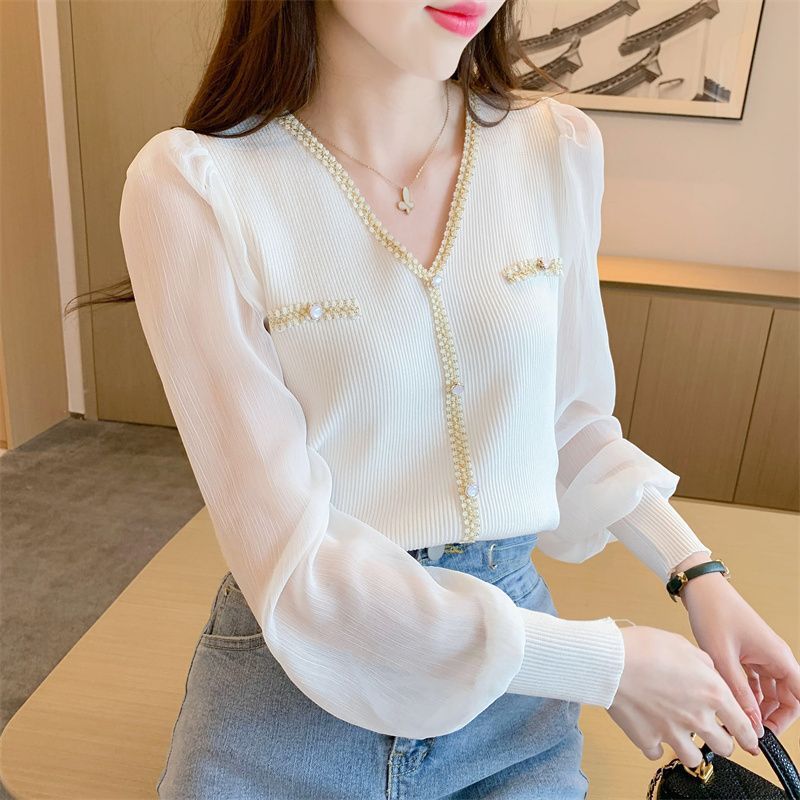 Light Luxury Chiffon Shirt Women's Design Sense Niche 2023 Spring and Autumn French Stitching Chiffon Bubble Sleeve Base Shirt Top Trendy