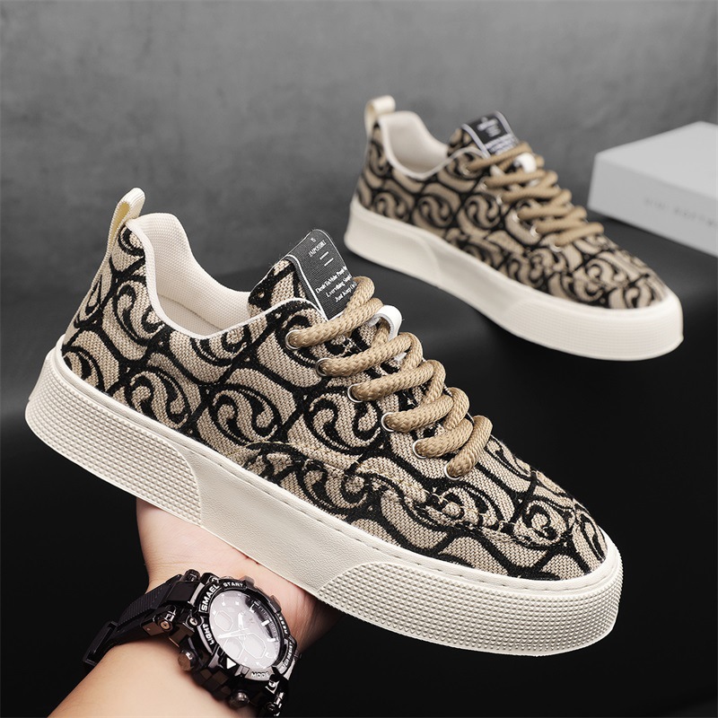 Canvas Shoes Men's New Korean Style Breathable Casual Shoes Low-top Printed Trendy Men's Shoes Soft-soled National Trendy Sneakers for Men