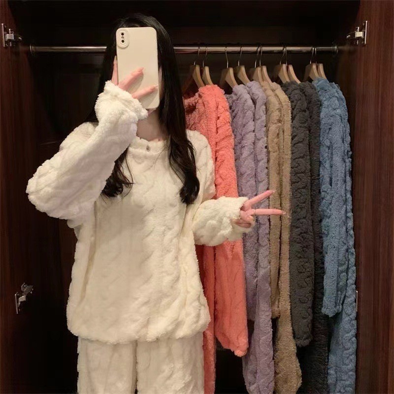 Autumn and winter coral fleece jacquard set, pajamas, loungewear, women's fleece-lined thickened warm set, long sleeve and long pants set