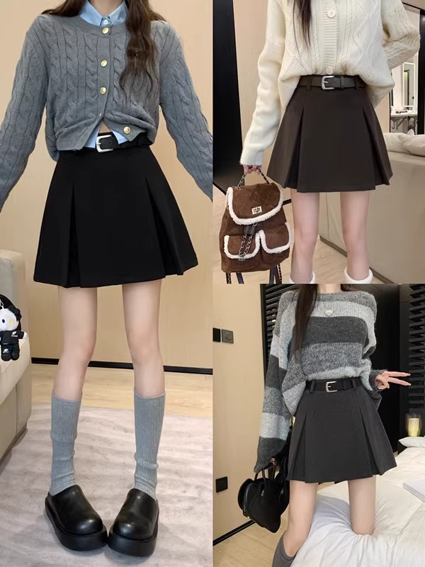 brown Woolen Skirt Women's Autumn Brown High Waist Skirt 2024 New Autumn and Winter Small A- shaped Pleated Skirt