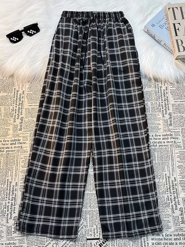 Black and White Plaid Pants Women's Thin Summer Loose High Waist Daggy Straight Tube Wide-leg Pants Casual Trendy Trousers