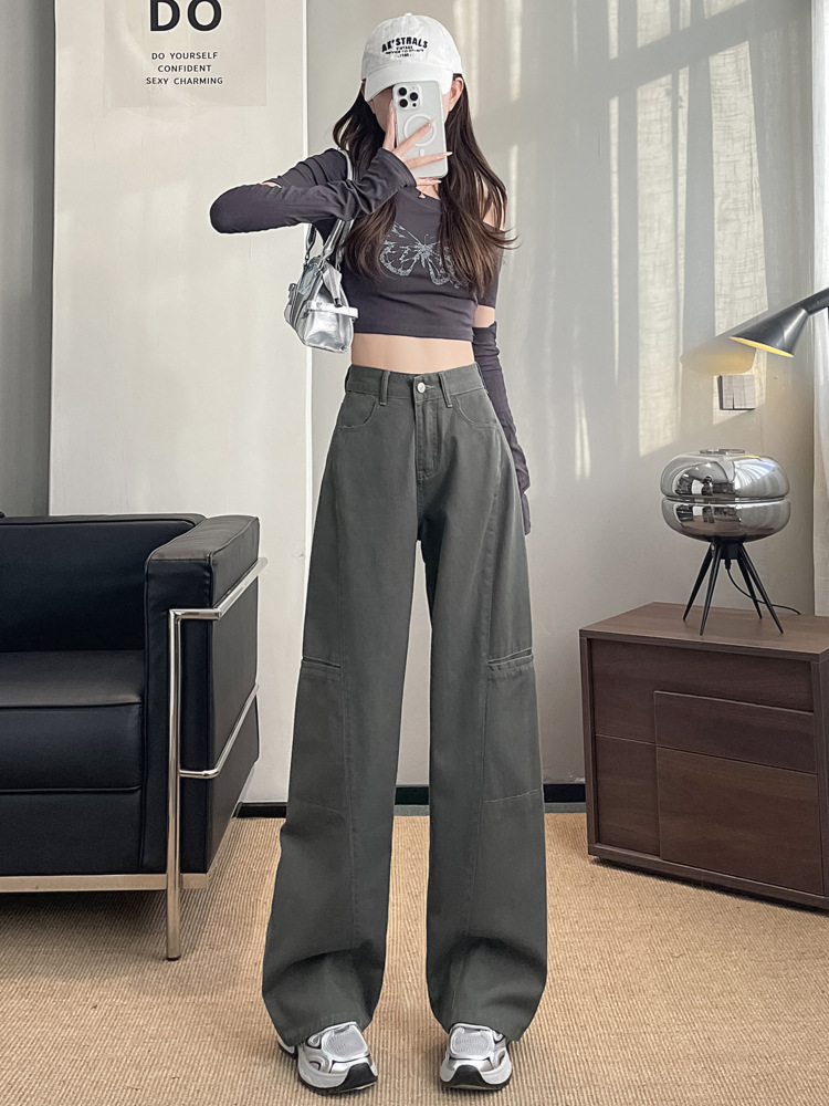 Shascullfites American Style Washed Cotton Cargo Pocket Design Jeans Women's All-match Casual Floor Pants
