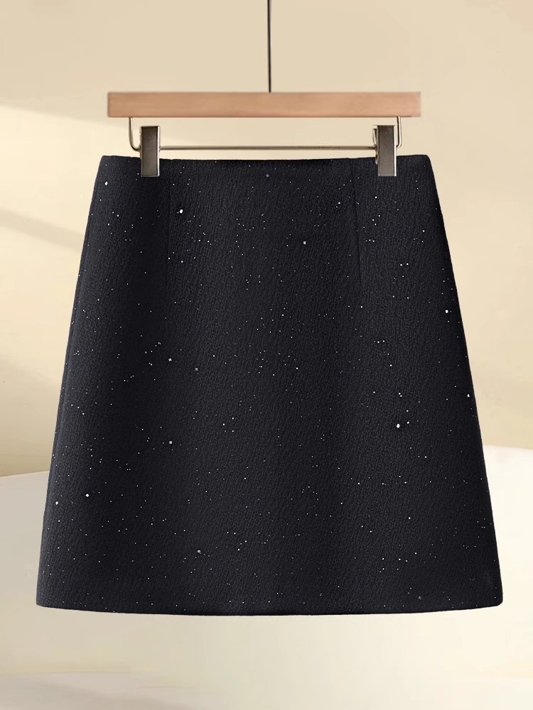 Grey High Waist Slimming Hip Skirt Autumn and Winter Women's 2024 New Explosions A- line Skirt Sequin Woolen Skirt overskirt