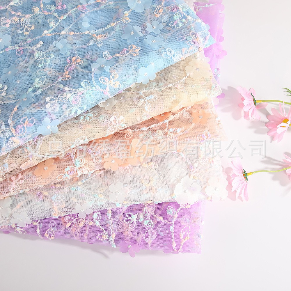 Lace Laser Floral Mesh Fabric with Three-Dimensional Sequin Embroidery Dress Gown Material in a Fresh Style