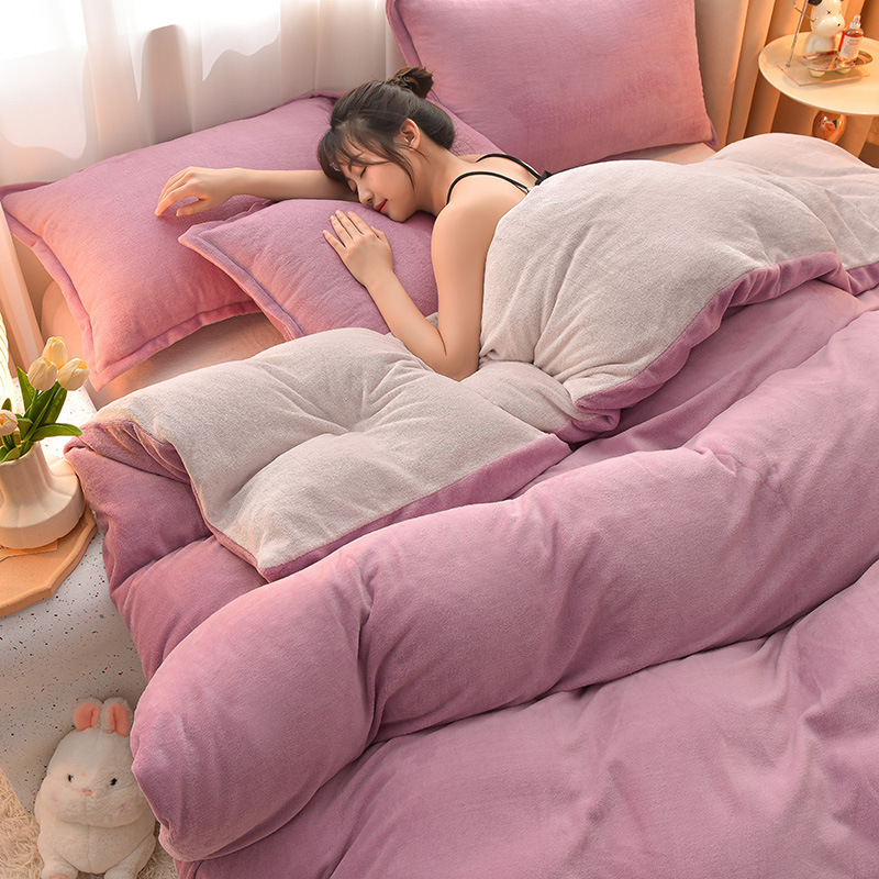Picture of Category a Maternal and Infant Grade Milk Velvet Four-Piece Set, Warm and Thickeneded Coral Velvet Fleece-Lined Bed Sheets, Fitted Bed Sheets, Quilt Cover, Three-Piece Set