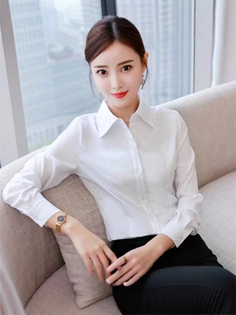 White Long-Sleeved Shirt for Women Spring, Autumn and Summer New Women's Formal Professional Work Clothes Polo Collar Cardigan Shirt Batch