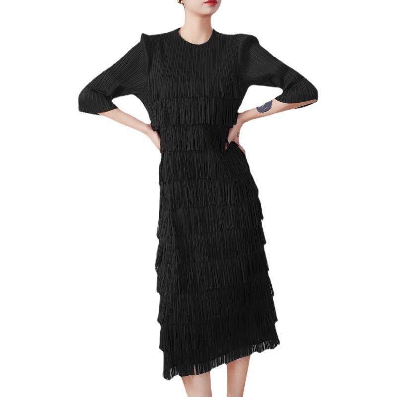 Miyake Tassel Dress Women's 2024 Spring and Summer New Elegant Temperament Three-Quarter Sleeve Cake Skirt Pleated Long Skirt High-End