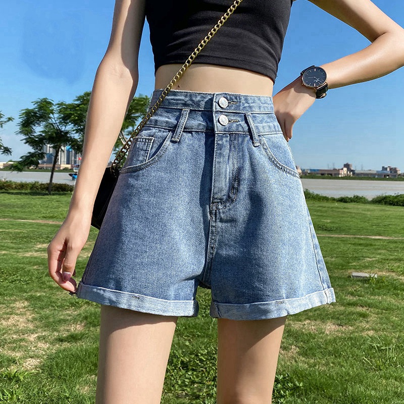 Super High Waist Denim Shorts Women's 2021 Summer New All-match Loose A- line Wide Leg Slimming Curled Hot Pants Trendy ins