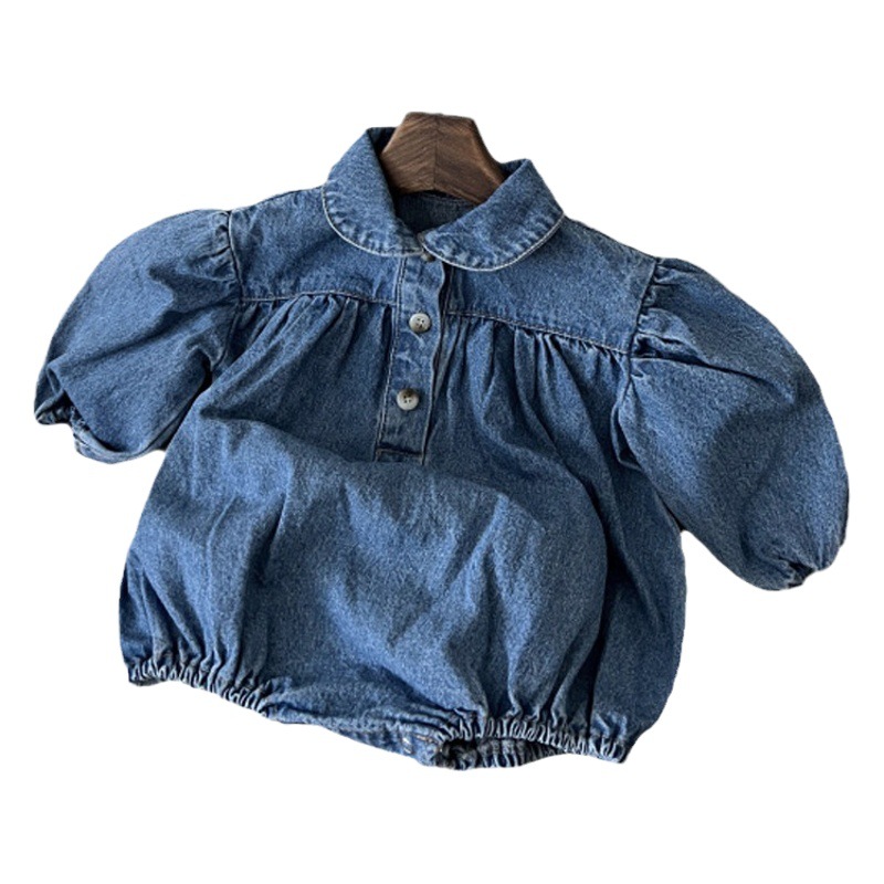 ins Korean style baby Spring New Girl's fashionable cute lapel puff sleeve Denim bag fart one-piece romper