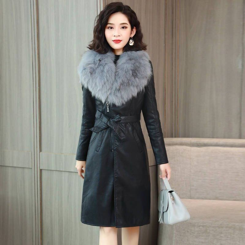 Picture of [Noble Light Luxury] Korean Women's Winter fleece-lined Fur Coat Mid-length Slim-fit Strap Large Fur Collar Leather Coat
